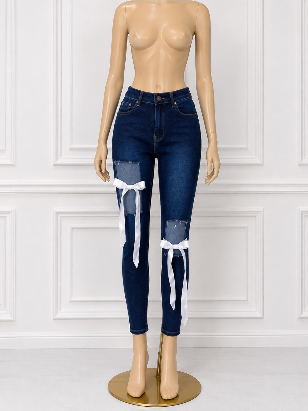 & Other Stories Dark Blue Skinny Jeans with White Ribbon Ties